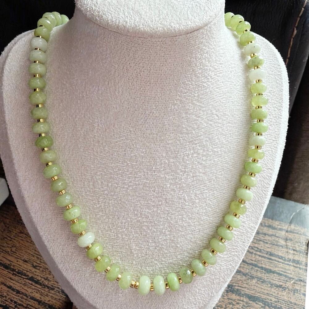 20.75" Beaded Gemstone Necklace, Shades of Light Green, Jade, Agate, Hematite